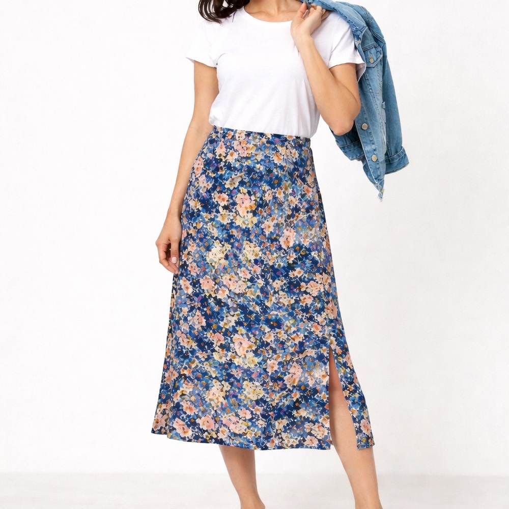 LOFT blue floral Midi Skirt Elastic waist A-Li ne Size Medium